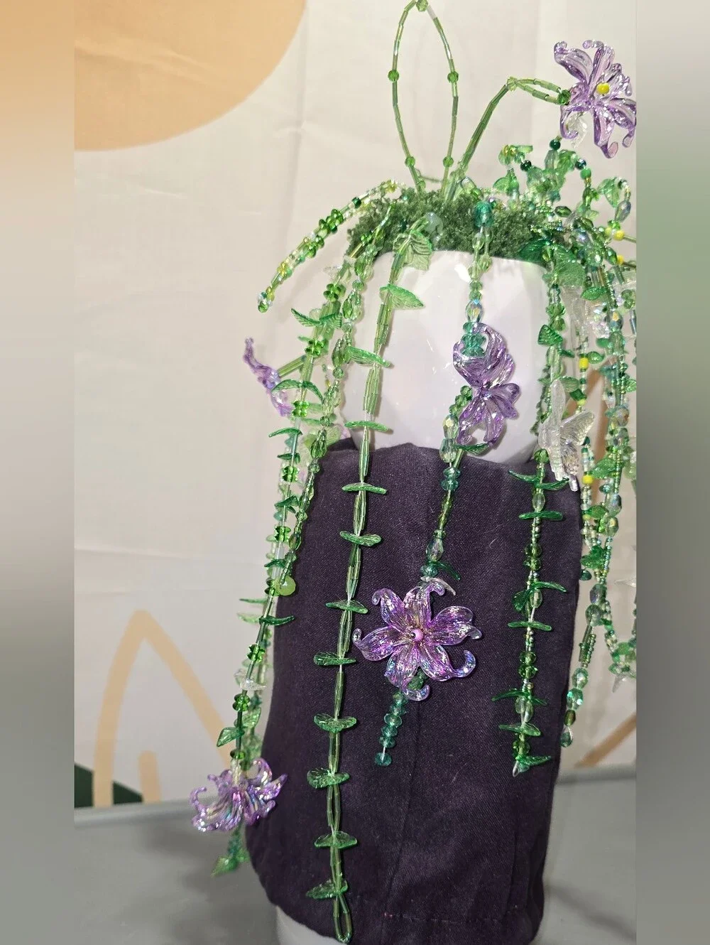 Handmade Glass Bead Floral Hanging Accent - Green and Purple
